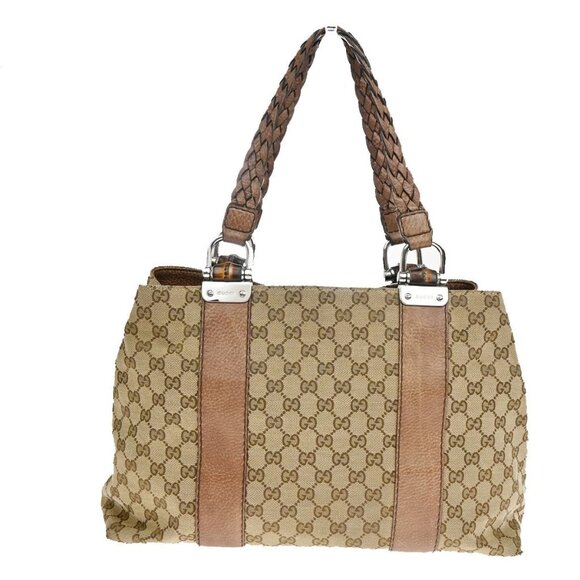 GUCCI Logo GG Pattern Shoulder Tote Bag Bamboo Canvas Leather Brown 36EF407 - Picture 4 of 16
